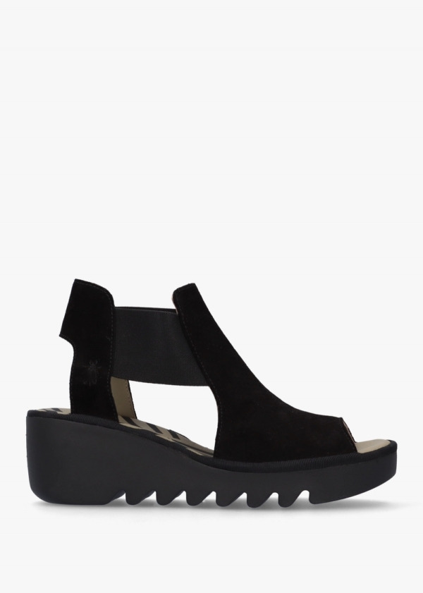 FLY LONDON Biga Black Suede Wedge Sandals Colour: Black Leather