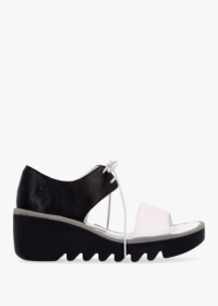 FLY LONDON Bilu White Black Wedge Sandals Colour: Black Leather, Size: