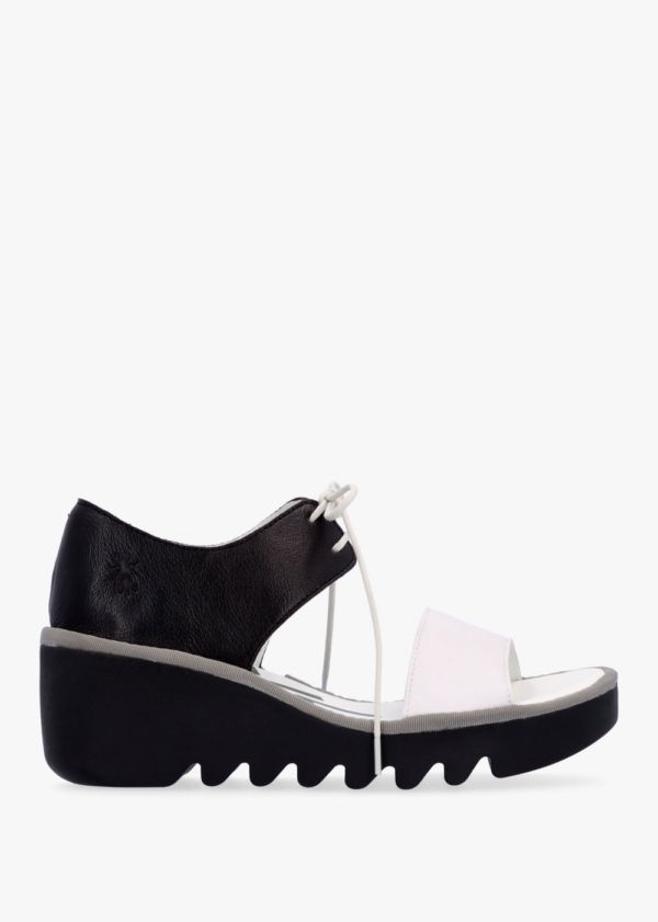 FLY LONDON Bilu White Black Wedge Sandals Colour: Black Leather