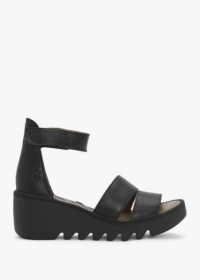 FLY LONDON Bono Black Tumbled Leather Low Wedge Sandals Size: 41, Colo