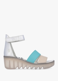 FLY LONDON Bono Cloud Turquoise Silver Tumbled Leather Low Wedge Sanda