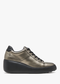 FLY LONDON Delf Graphite Leather Wedge Trainers Size: 39, Colour: Pewt