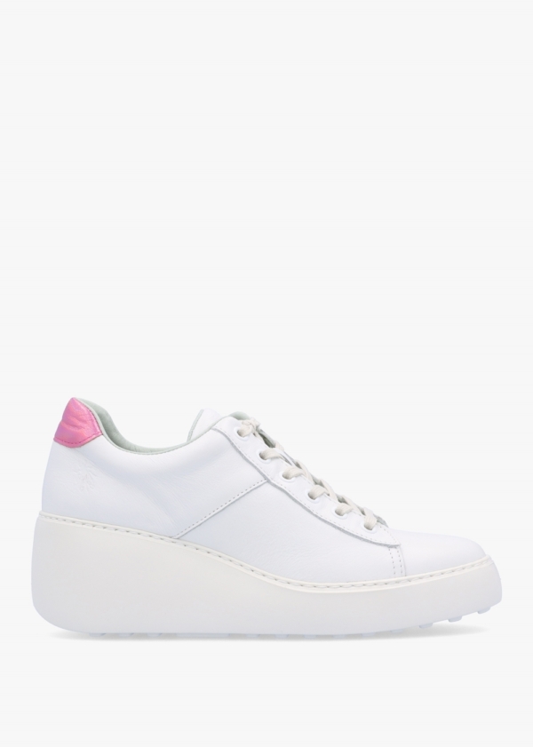 FLY LONDON Delf White Pink Leather Wedge Trainers Size: 41