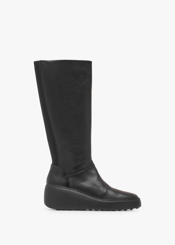 FLY LONDON Dova Black Leather Wedge Knee Boots Colour: Black Leather