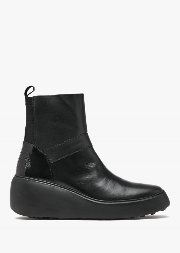 FLY LONDON Doxe Black Leather Wedge Boots Colour: Black Leather