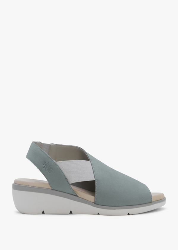 FLY LONDON Nily Pale Blue Leather Low Wedge Sandals Size: 41