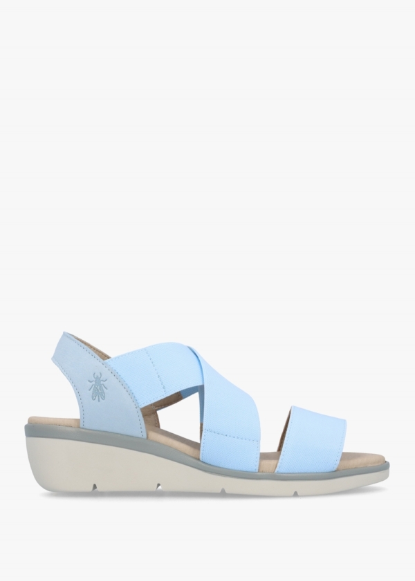 FLY LONDON Noli Sky Blue Leather Elasticated Low Wedge Sandals Size: 4