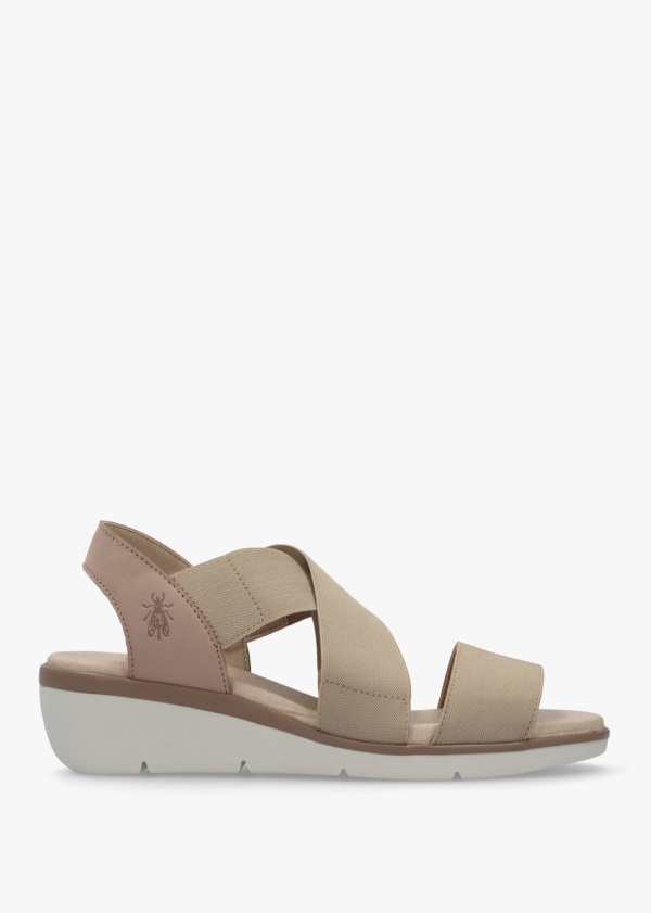 FLY LONDON Noli Taupe Leather Elasticated Low Wedge Sandals Size: 41