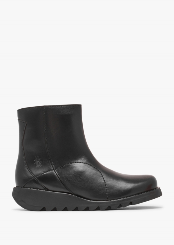 FLY LONDON Sagu Black Leather Low Wedge Ankle Boots Colour: Black Leat