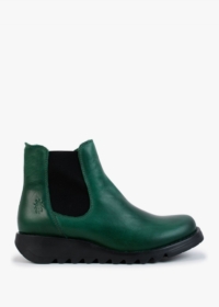 FLY LONDON Salv Green Leather Wedge Chelsea Boots Size: 38, Colour: Gr