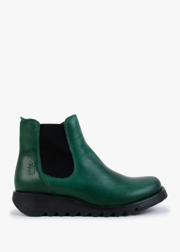 FLY LONDON Salv Green Leather Wedge Chelsea Boots Size: 38