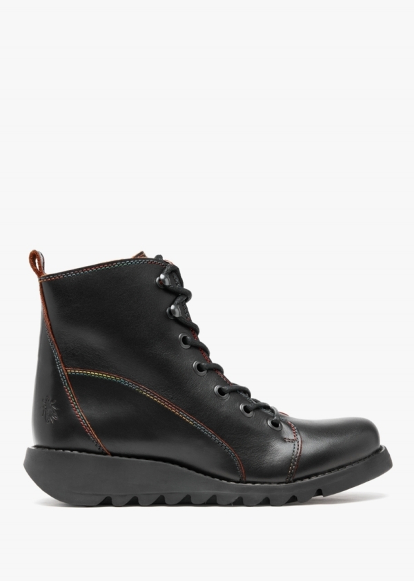 FLY LONDON Sore Black Red Leather Ankle Boots Colour: Black Leather