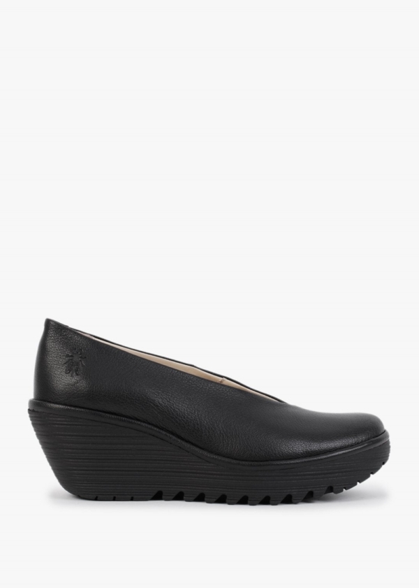 FLY LONDON Yaz Black Leather Wedge Court Shoes Colour: Black Leather