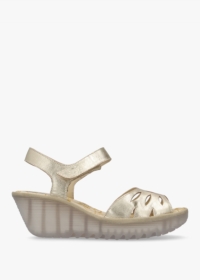 FLY LONDON Yazi Gold Leather Wedge Sandals Size: 41, Colour: Gold Leat