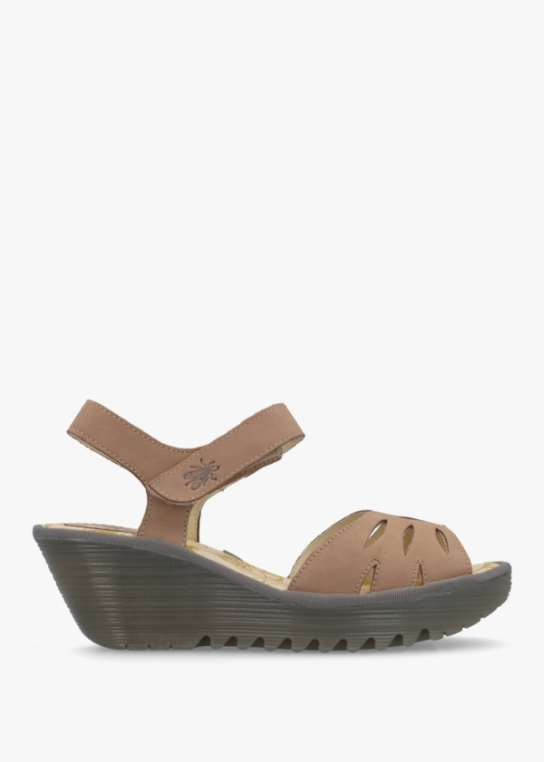 FLY LONDON Yazi Taupe Leather Wedge Sandals Size: 40