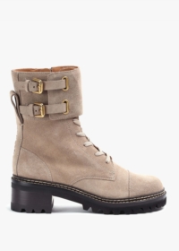 SEE BY CHLOE Mallory Beige Suede Buckled Biker Boots Size: 3, Colour: