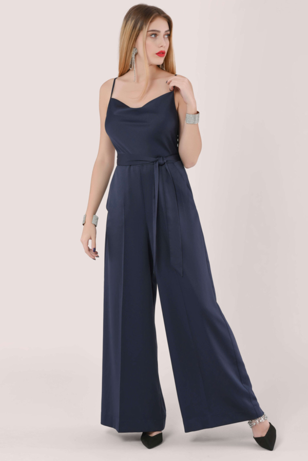 Closet London Navy Wide Leg Jumpsuit with Self Tie Belt