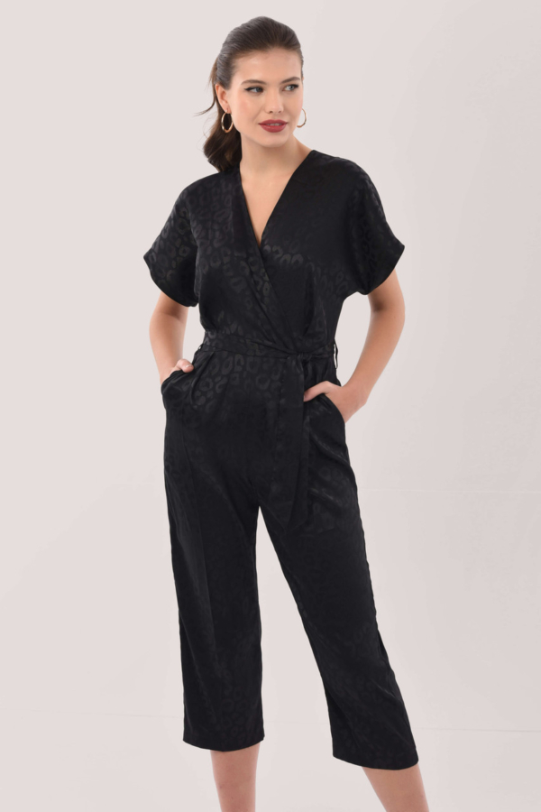 Closet London Black Jacquard Print Wrap Jumpsuit