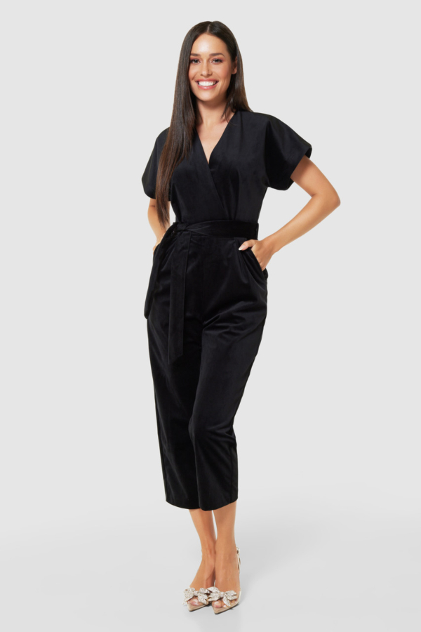 Closet London Black Velvet Wrap Over Tie Front Cropped Jumpsuit