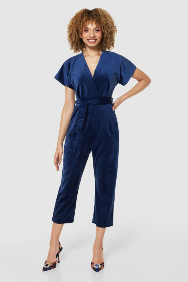 Closet London Navy Blue Velvet Wrap Over Tie Front Cropped Jumpsuit