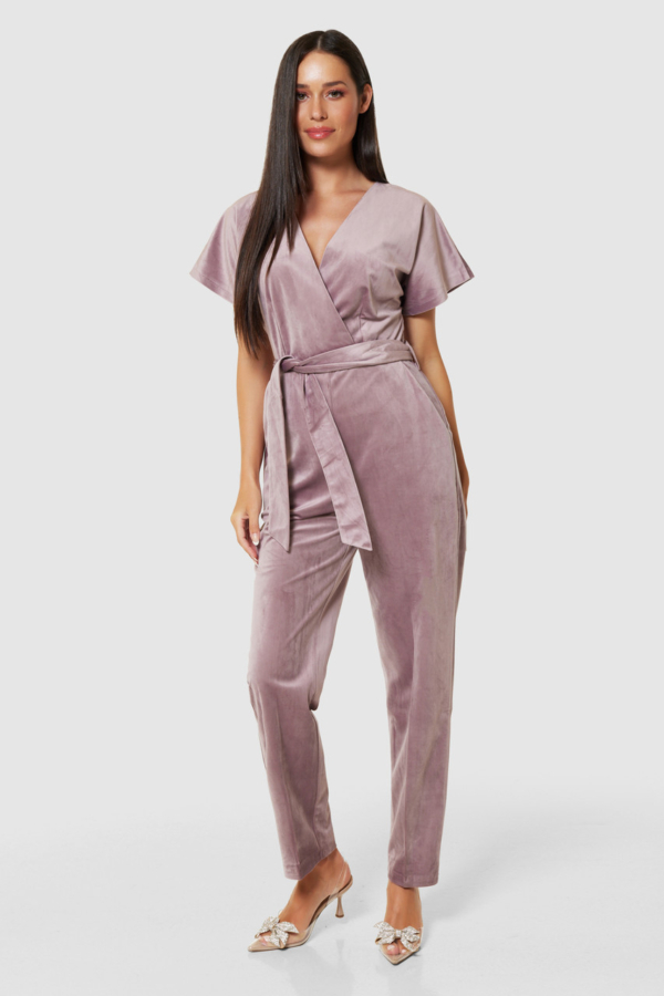 Closet London Blush Pink Velvet Wrap Straight Leg Jumpsuit