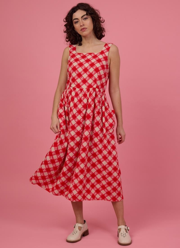 Joanie Clothing Aiken Gingham Floral Print Pinafore Dress -  UK 26 (Red)