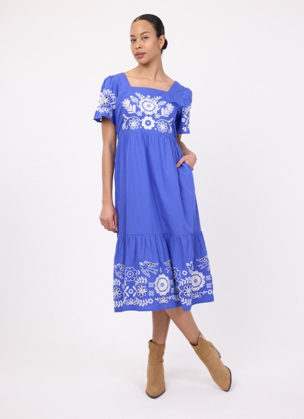 Joanie Clothing Alice Embroidered Square Neck Midi Dress - Blue -  UK 26 (Blue)