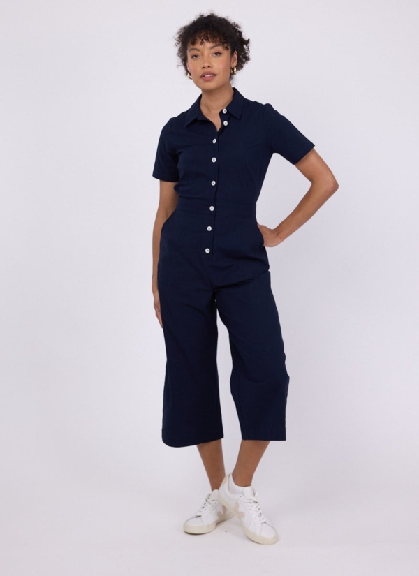 Joanie Clothing Amani Short Sleeve Button-Down Boilersuit - Navy -  UK 22  - Sustainable Organic Cotton (Navy)