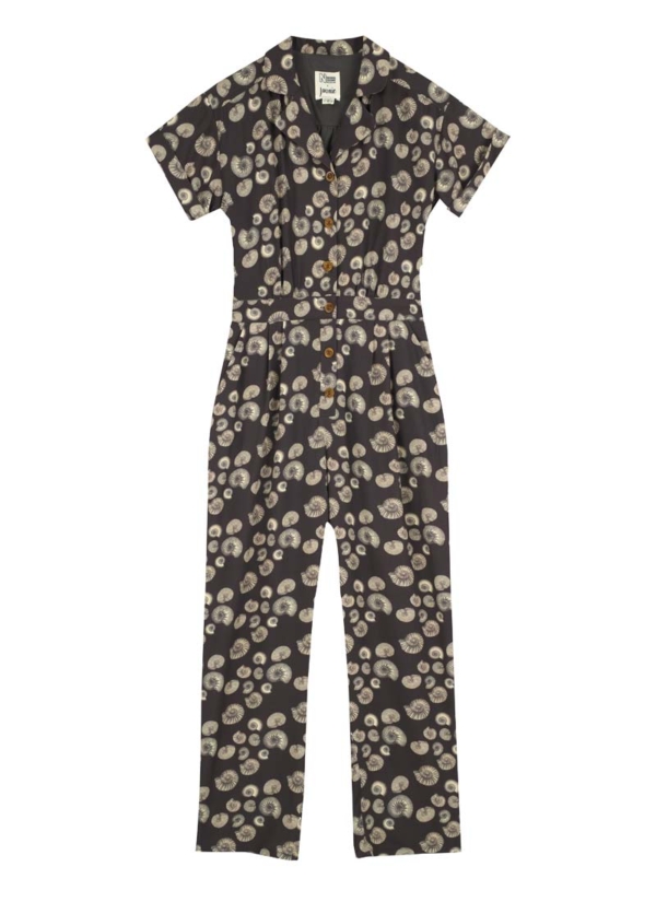 Joanie Clothing Natural History Museum X Joanie - Anneka Ammonite Fossil Print Boilersuit- UK 22  - Sustainable Organic Cotton (Black)