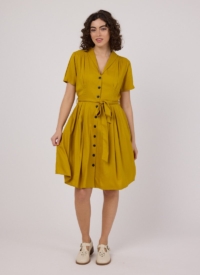 Joanie Clothing Barb Mustard Yellow Tie Waist Tea Dress- UK 26 (Yellow)