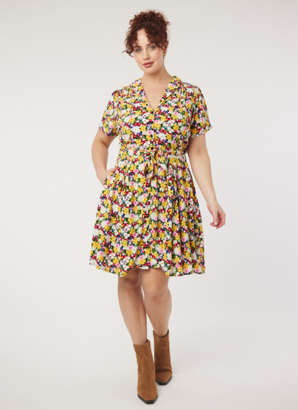 Joanie Clothing Barb Floral Daisy Print Tea Dress -  UK 22 (Yellow)