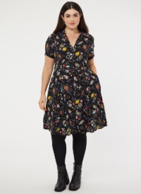 Joanie Clothing Barbara Ann Space Print Button-Through Tea Dress –  UK 18 (Black)