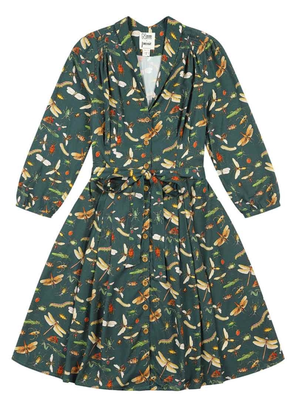 Joanie Clothing Natural History Museum X Joanie - Barbara Insect Print Button-Through Dress -  UK 18 (Green)