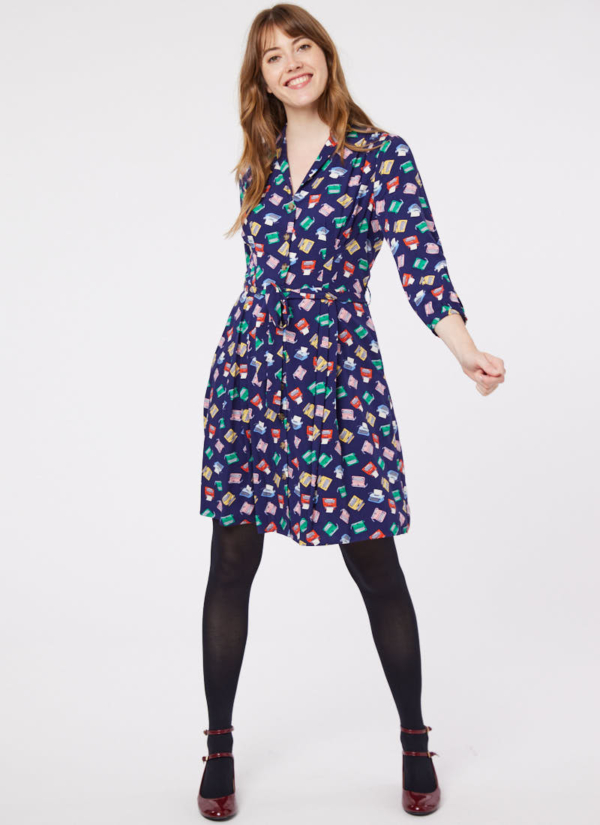 Joanie Clothing Barbara Vintage Typewriter Print Button-Through Dress -  UK 26 (Blue)