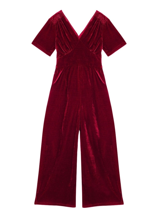 Joanie Clothing Bellatrix Short Sleeve Velvet Jumpsuit - Cabernet -  UK 22 (Red)