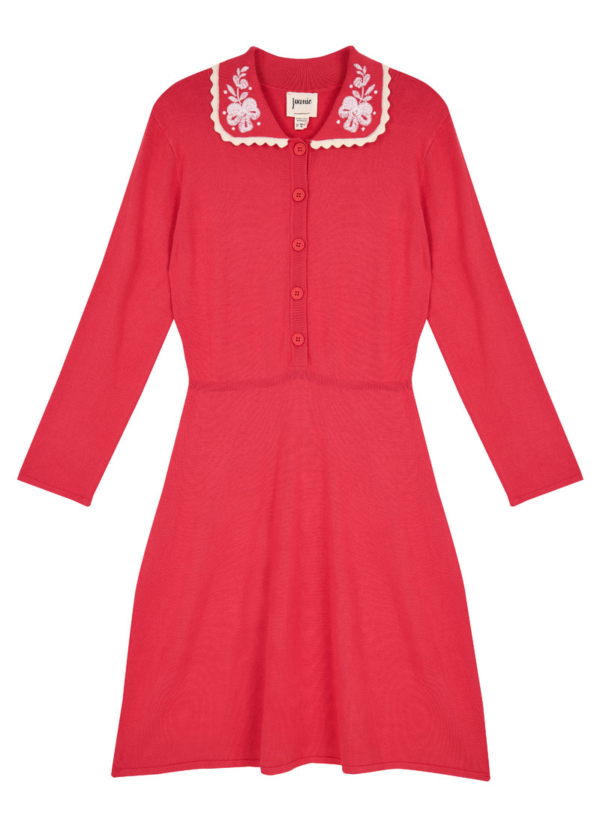 Joanie Clothing Benita Embroidered Collar Knitted Dress - Red - Large (UK 16-18) (Red)