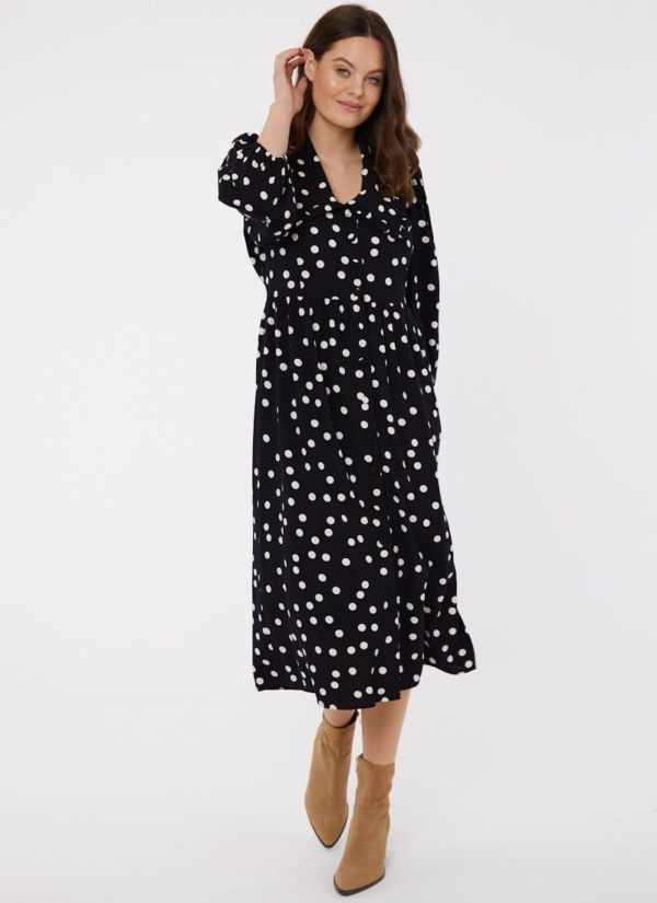 Joanie Clothing Bethan Polka Dot Print Oversized Collar Midi Dress -  UK 22 (Black)