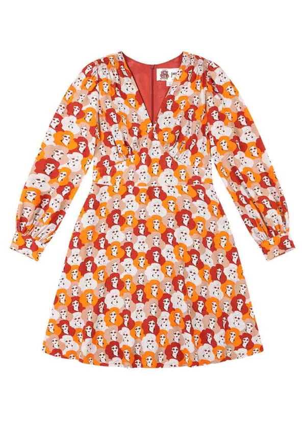 Joanie Clothing Bus Stop X Joanie - Bexley Amazing Faces Print Tea Dress -  UK 26 (Orange)