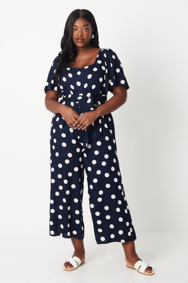 Dorothy Perkins Womens Curve Blue Spot Tie Waist Jumpsuit