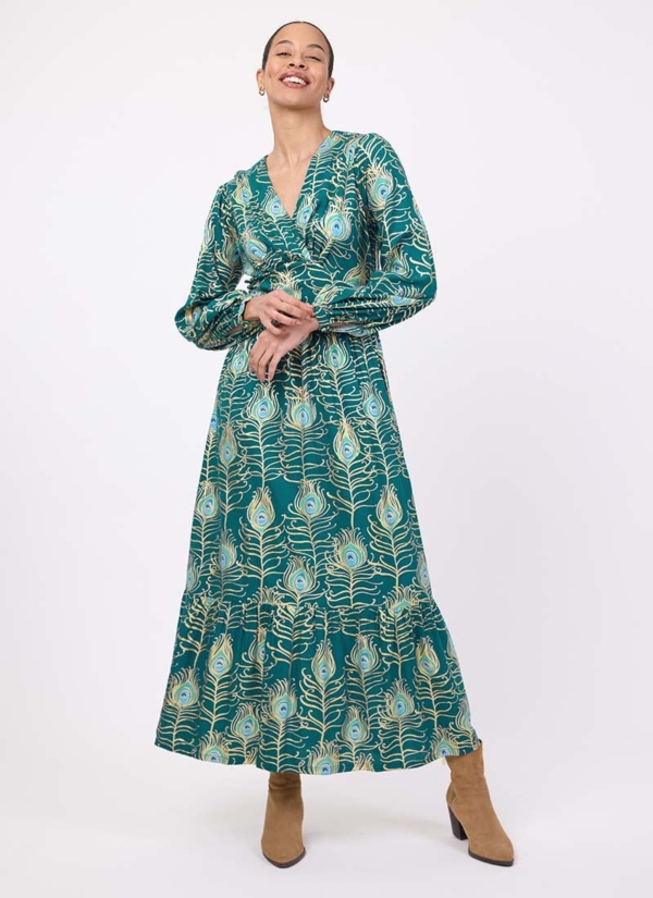 Joanie Clothing Bryce Peacock Print V-Neck Midaxi Dress -  UK 26 (Blue)