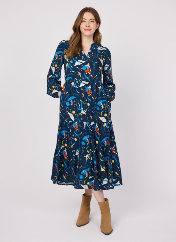 Joanie Clothing Cady Astrological Print Long Sleeve Smock Dress - Extra Extra Large (UK 24-26) (Blue)