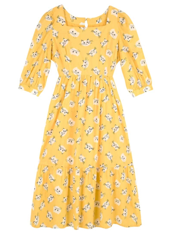 Joanie Clothing Candice Yellow Cat Print Midi Dress -  UK 14 (Yellow)