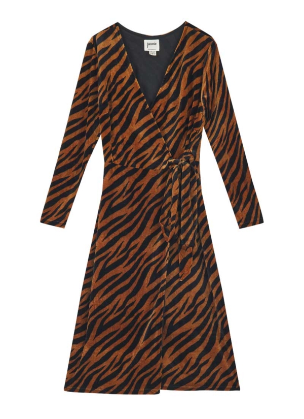 Joanie Clothing Diane Velvet Tiger Print Wrap Dress -  UK 16 (Orange)