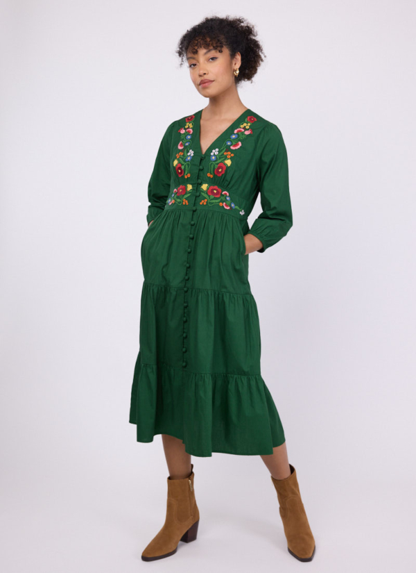 Joanie Clothing Catalina Green Vintage Floral Embroidered Dress -  UK 26  - Sustainable Organic Cotton (Green)