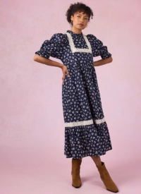 Joanie Clothing Ceri Ditsy Floral Print Puff Sleeve Prairie Dress –  UK 26 (Navy)
