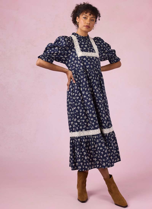 Joanie Clothing Ceri Ditsy Floral Print Puff Sleeve Prairie Dress -  UK 26 (Navy)