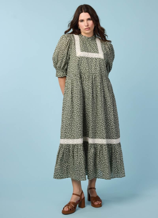 Joanie Clothing Ceri Sage Floral Print Puff Sleeve Prairie Dress -  UK 26 (Green)