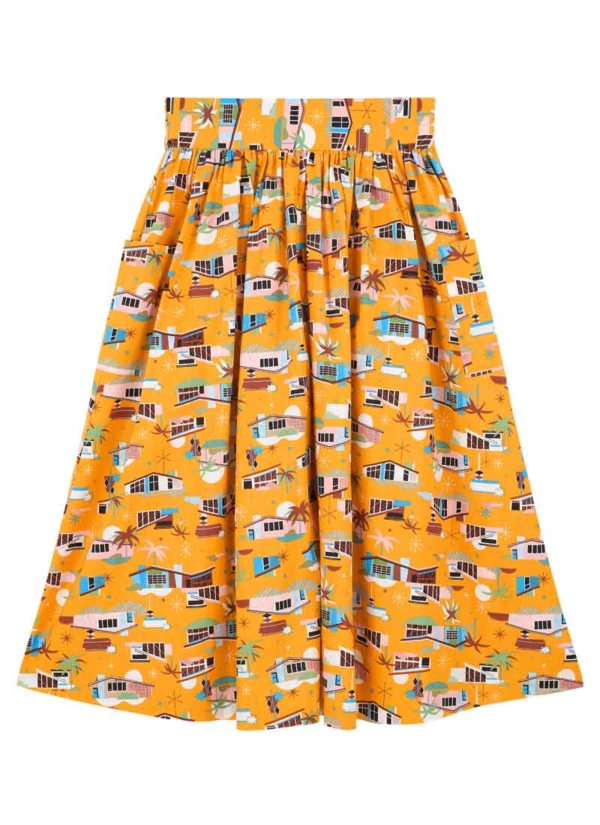 Joanie Clothing Dawn O’Porter X Joanie - Geentee Mid-Century Bungalow Print Skirt -  UK 26  - Sustainable Organic Cotton (Yellow)