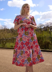 Joanie Clothing Georgia Wildflower Print Square Neck Dress –  UK 22  – Sustainable Organic Cotton (Pink)