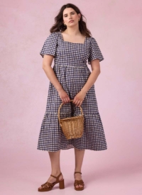 Joanie Clothing Georgia Gingham Square Neck Dress – Navy –  UK 22  – Sustainable Organic Cotton (Navy)
